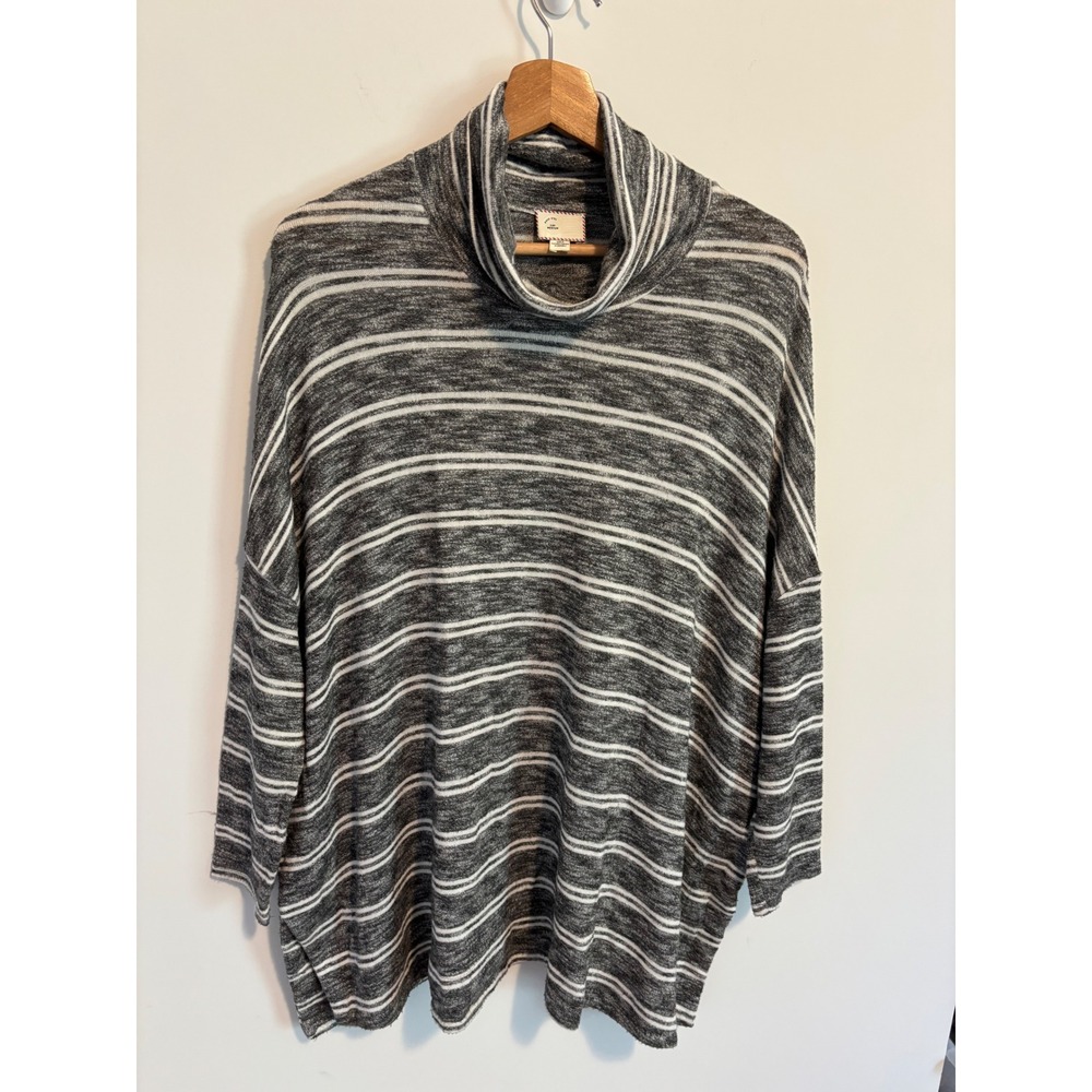 Postcard by Anthropologie Striped Cowl Neck Sweater Gray White Oversized Medium